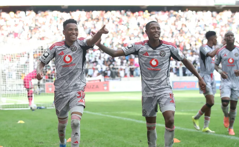 Relebohile Mofokeng and Tshepang Moremi celebrate against TS Galaxy