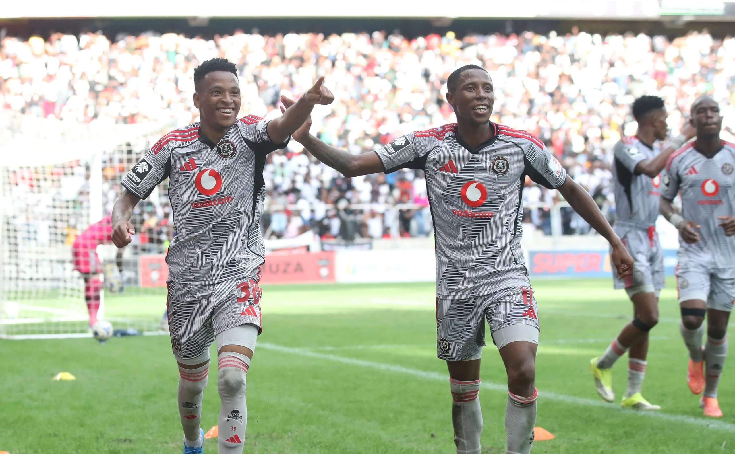 Royale Union Saint-Gilloise Sign Orlando Pirates Star 3 Relebohile Mofokeng and Tshepang Moremi celebrate against TS Galaxy