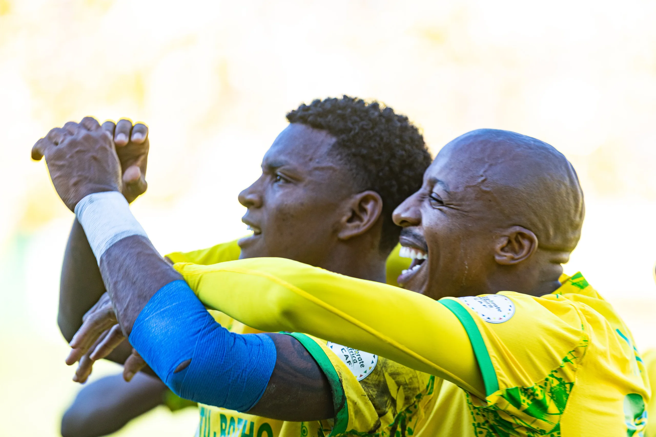 Brayan Leon and Khuliso Mudau celebrate a win over Esperance