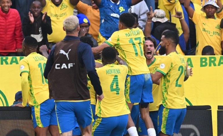 Teboho Mokoena, Matthews, Keanu Cupido celebrate against FAR Rabat
