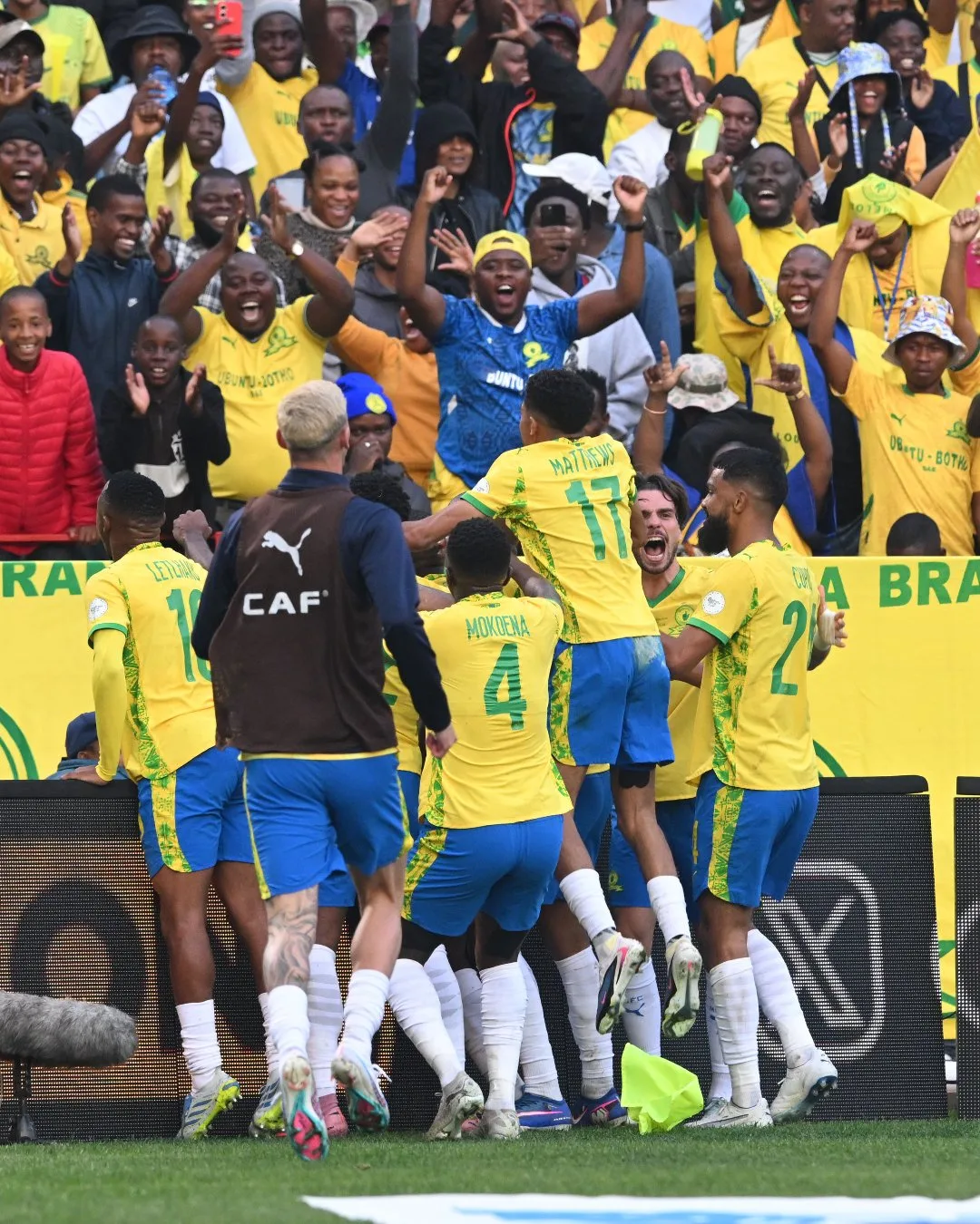 Teboho Mokoena, Matthews, Keanu Cupido celebrate against FAR Rabat