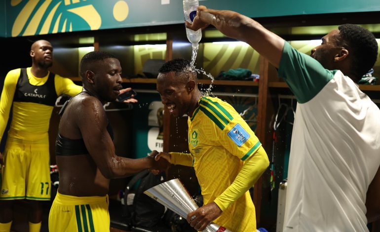 Thapelo Maseko having water spilled after South Korea match