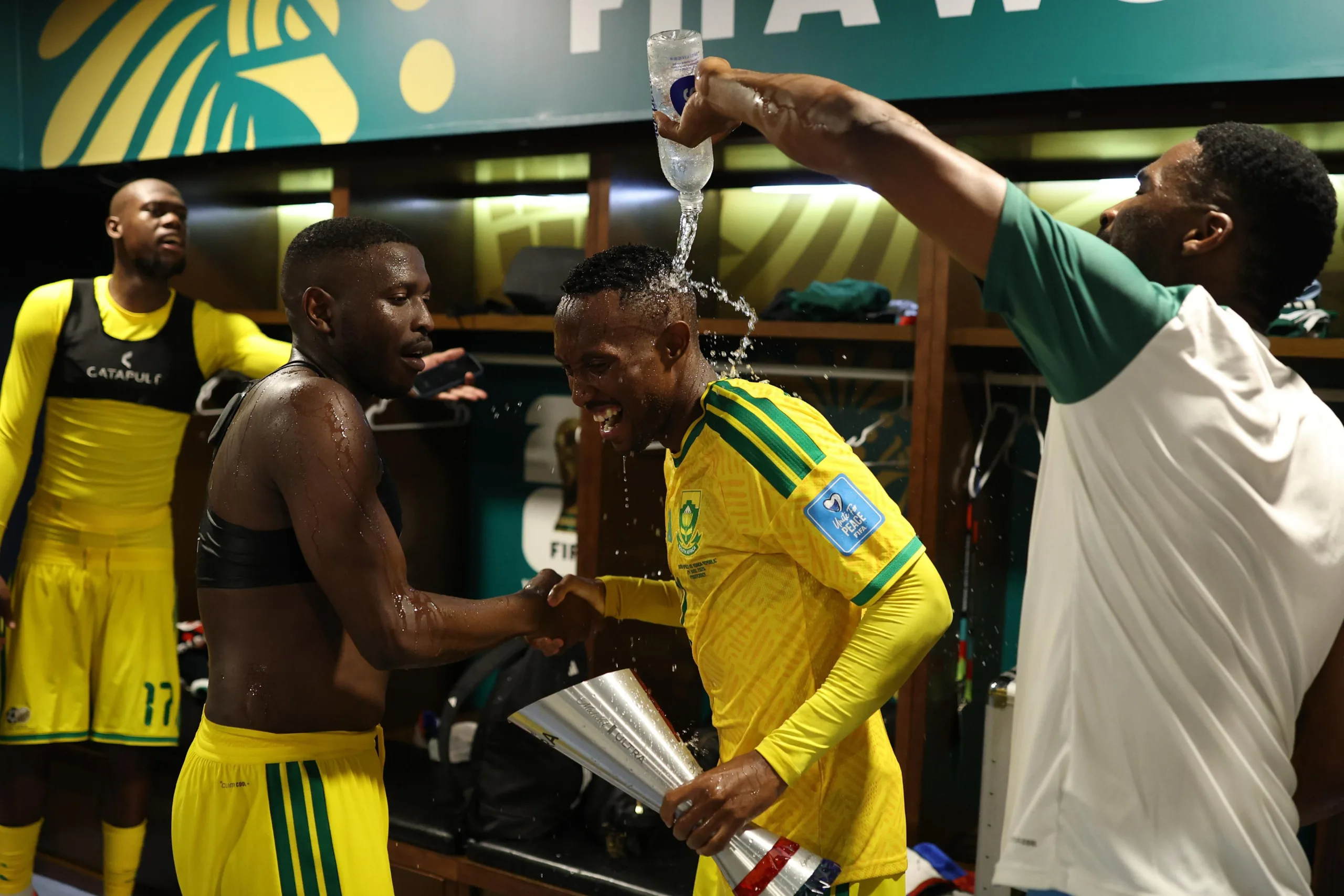 Thapelo Maseko having water spilled after South Korea match