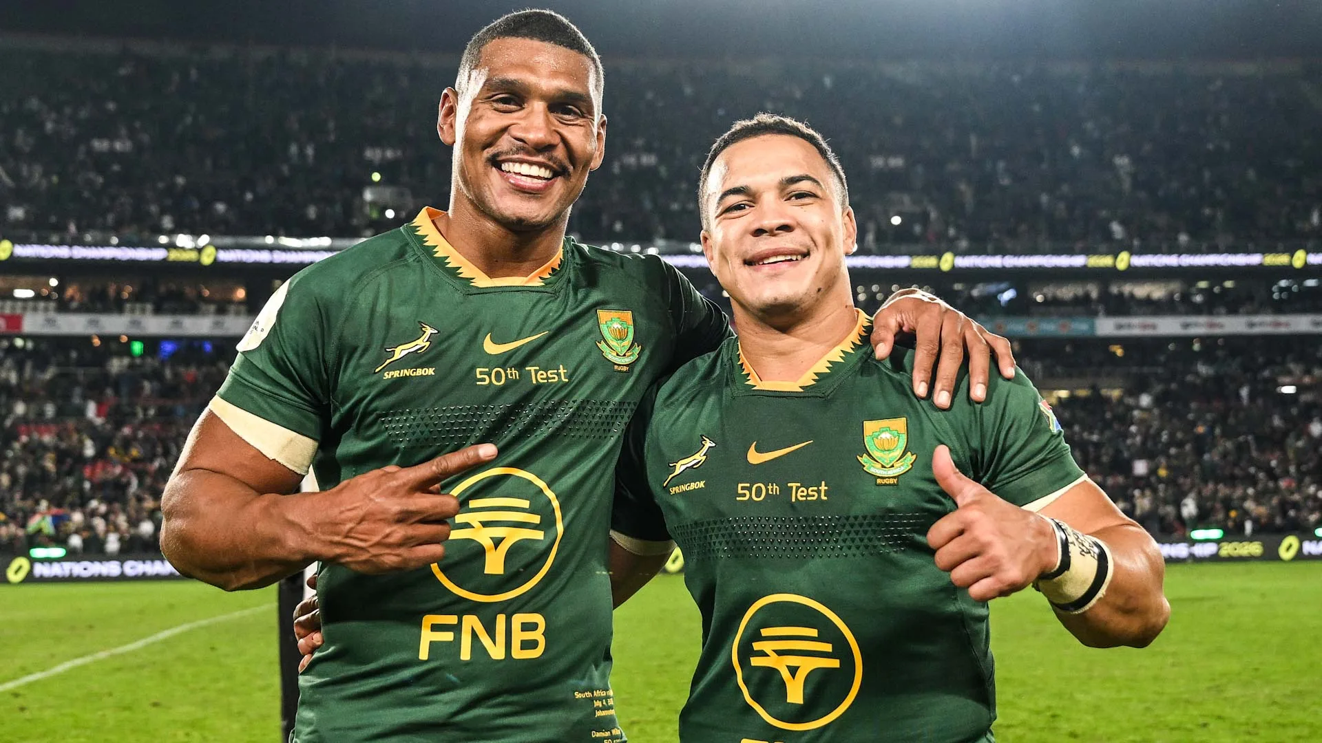 Damian Willemse and Cheslin Kolbe on their 50th caps against England