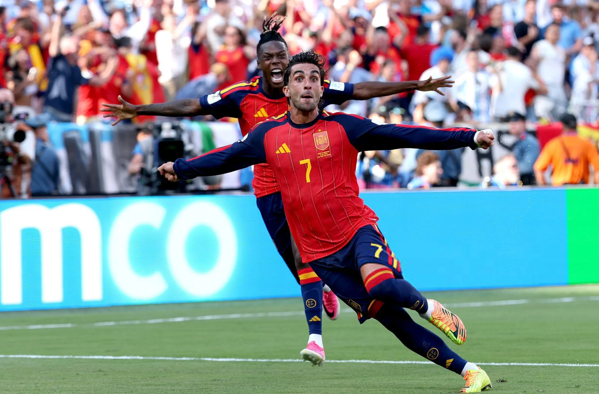 Spain Conquer 10-Man Argentina To Win The World Cup 4 Ferran Torres celebrating scoring World Cup winner