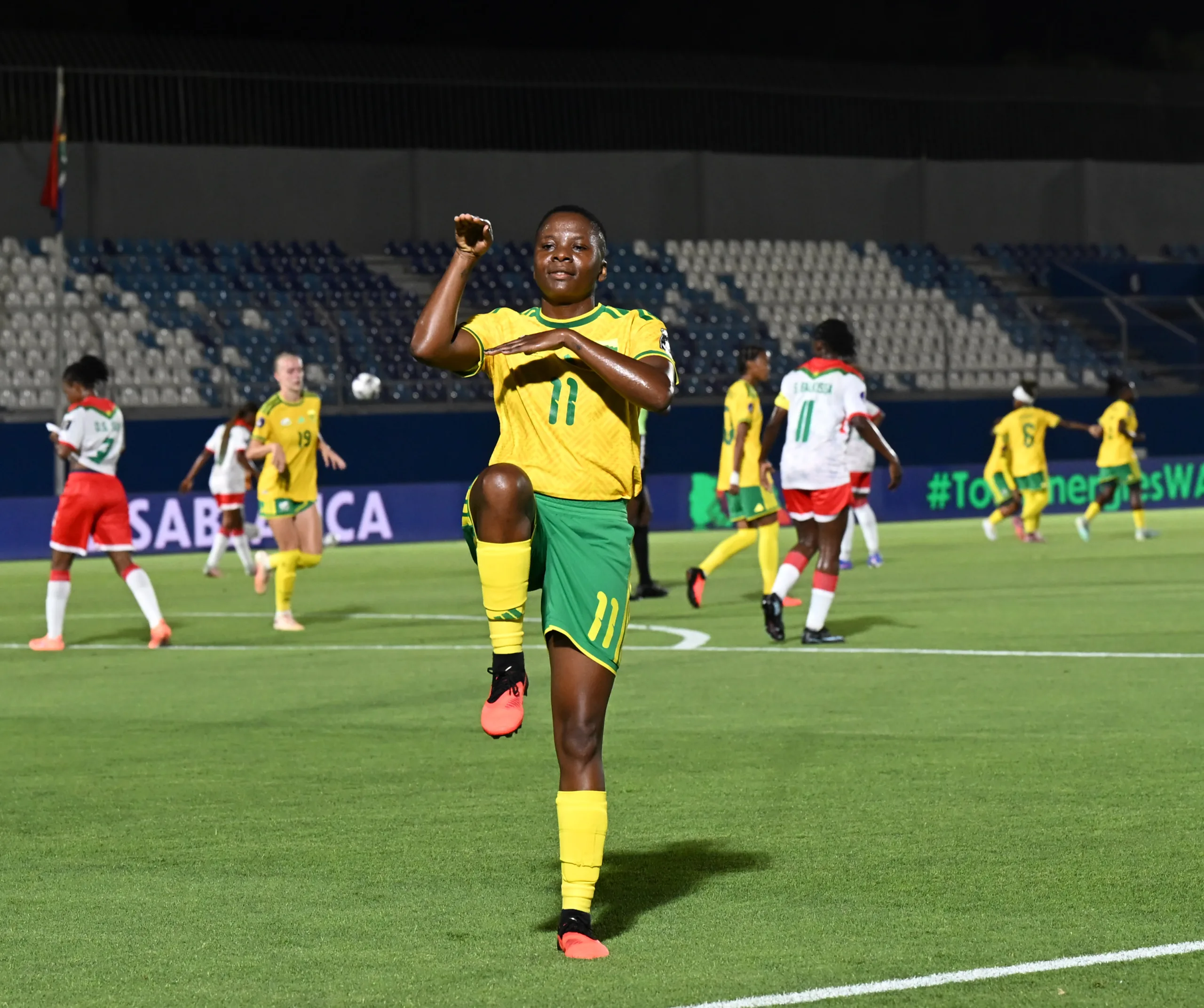 Thembi Kgatlana celebrate against Burkina Faso