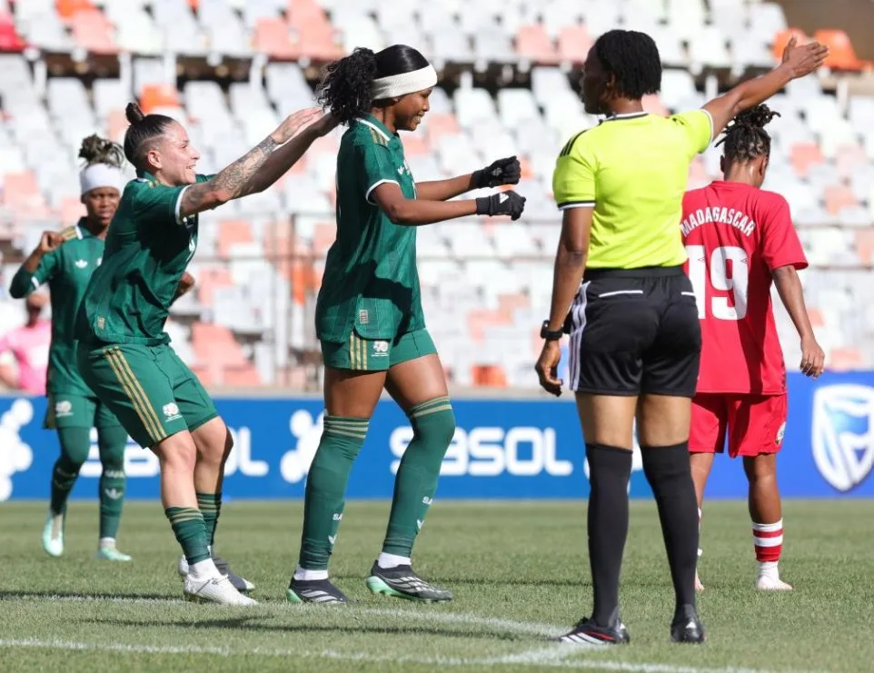 Donnelly Hat-Trick Powers Banyana Against Madagascar In LA 2028 Olympic Qualifier 3 Ronnel Donnelly celebrate the goals against Madagascar